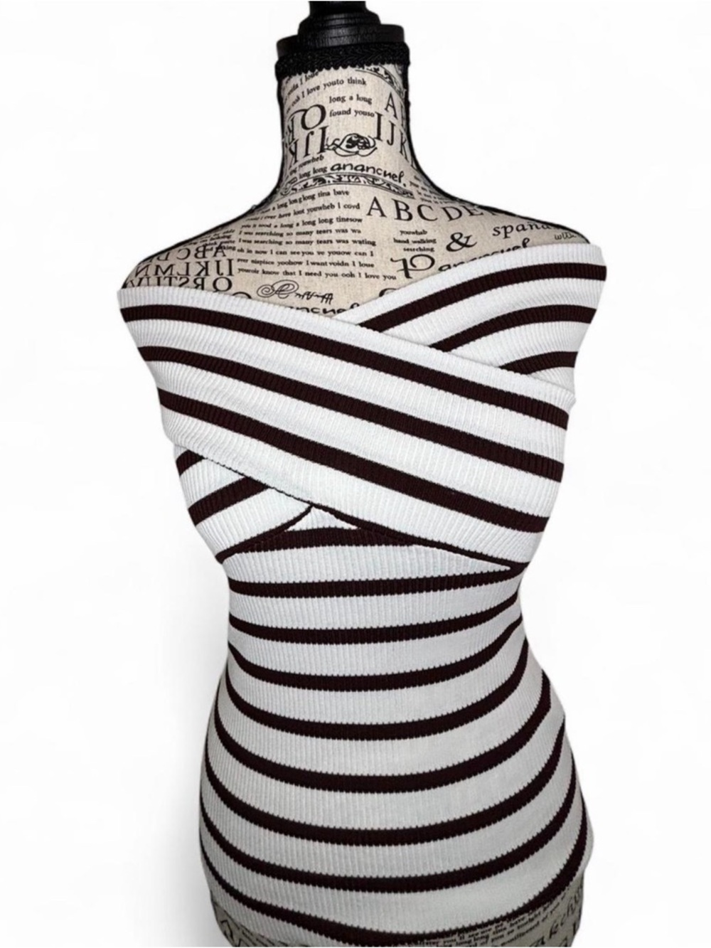 Commense White & Dark Brown Striped Ribbed Top